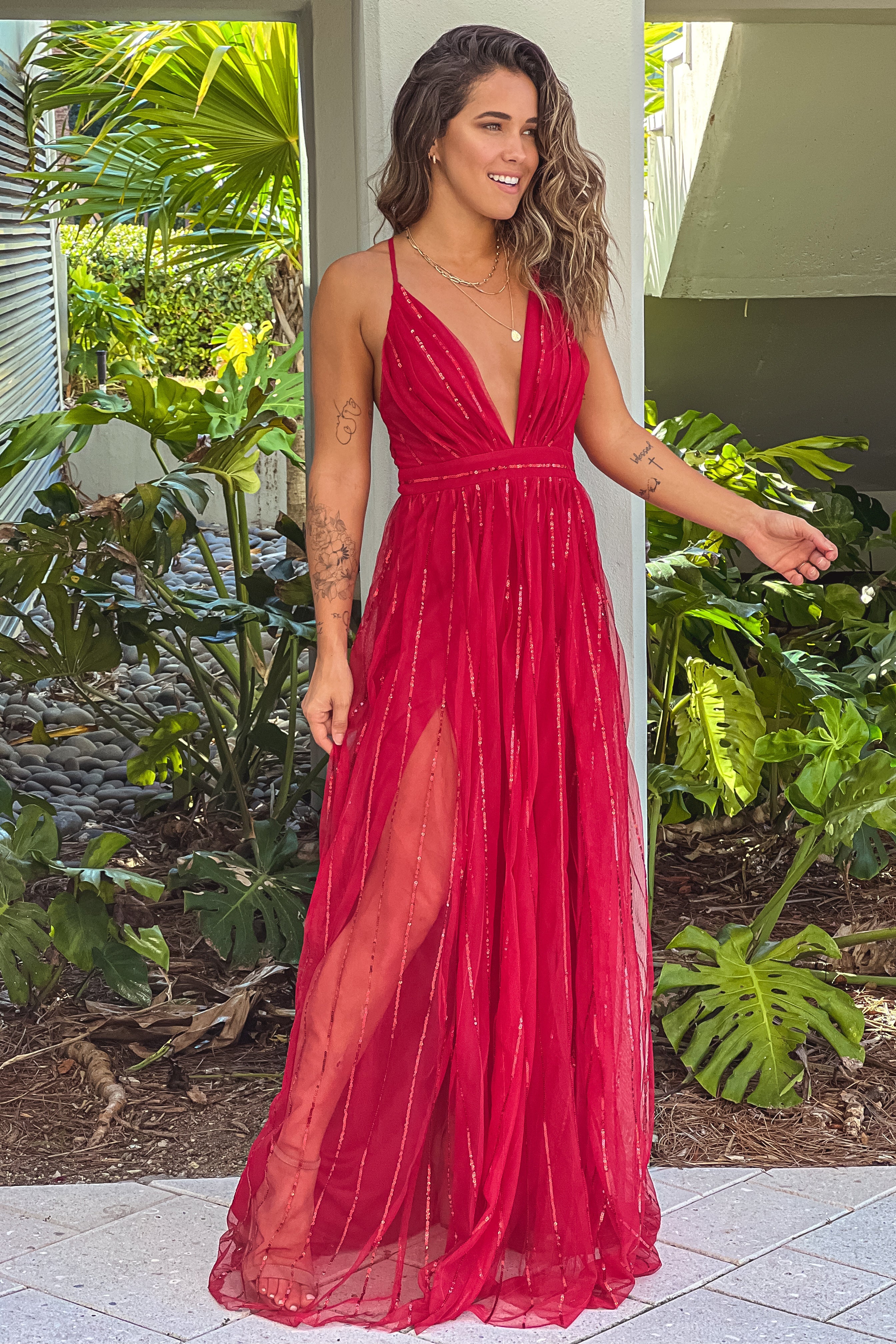 Red Sequin Striped Tulle Maxi Dress