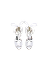 Chic White Satin Heels Featuring a Pearl Embellished Bow