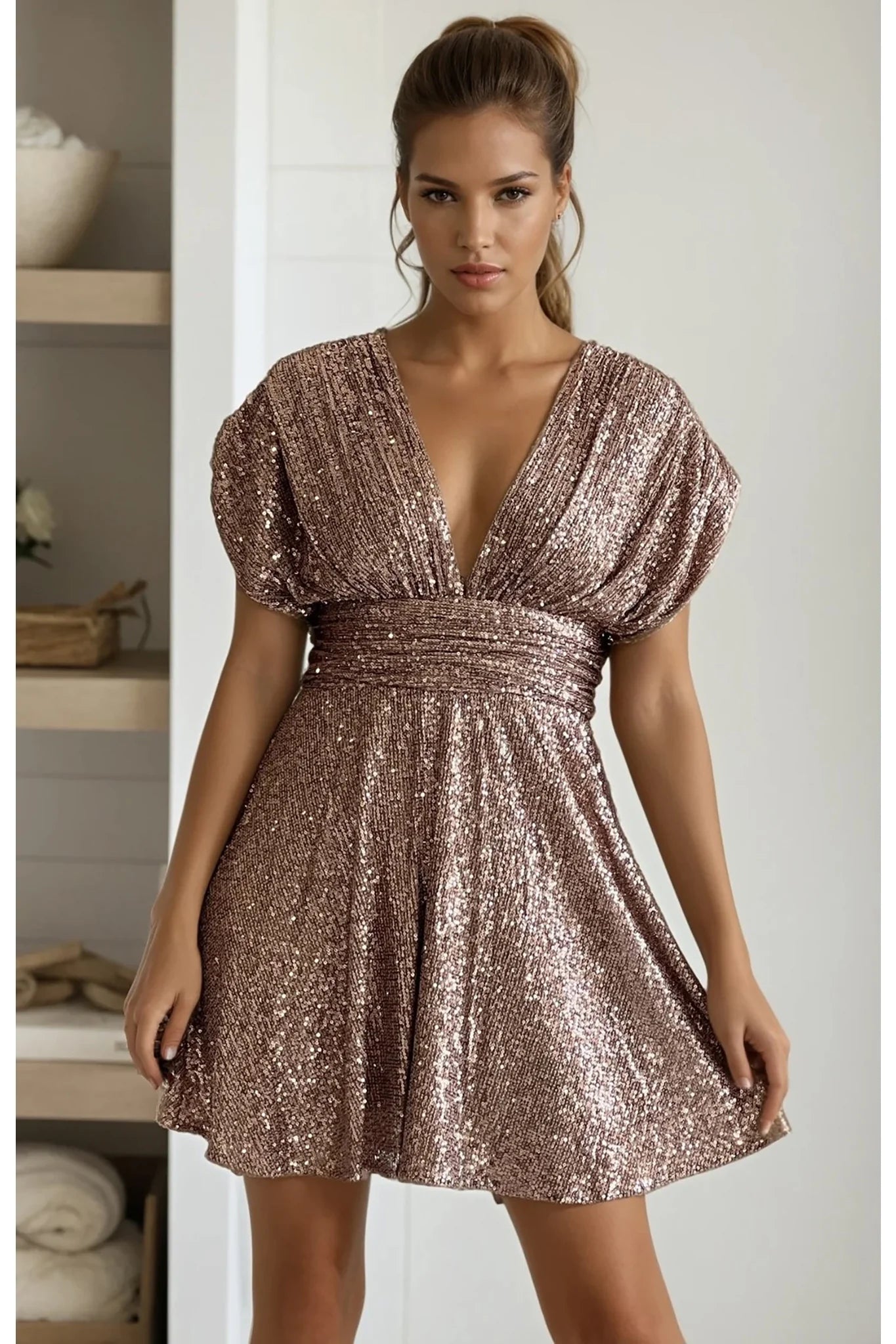 Latte Sequin V Neck Mini Dress
