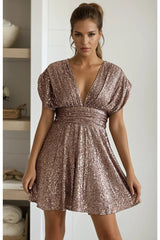 Latte Sequin V Neck Mini Dress