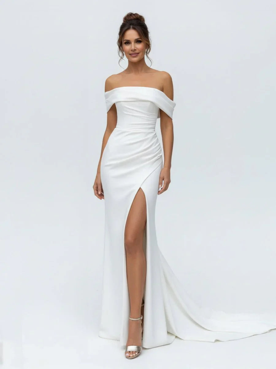 Mermaid Satin Off the Shoulder Sheath Wedding Dress with Zipper and Slit