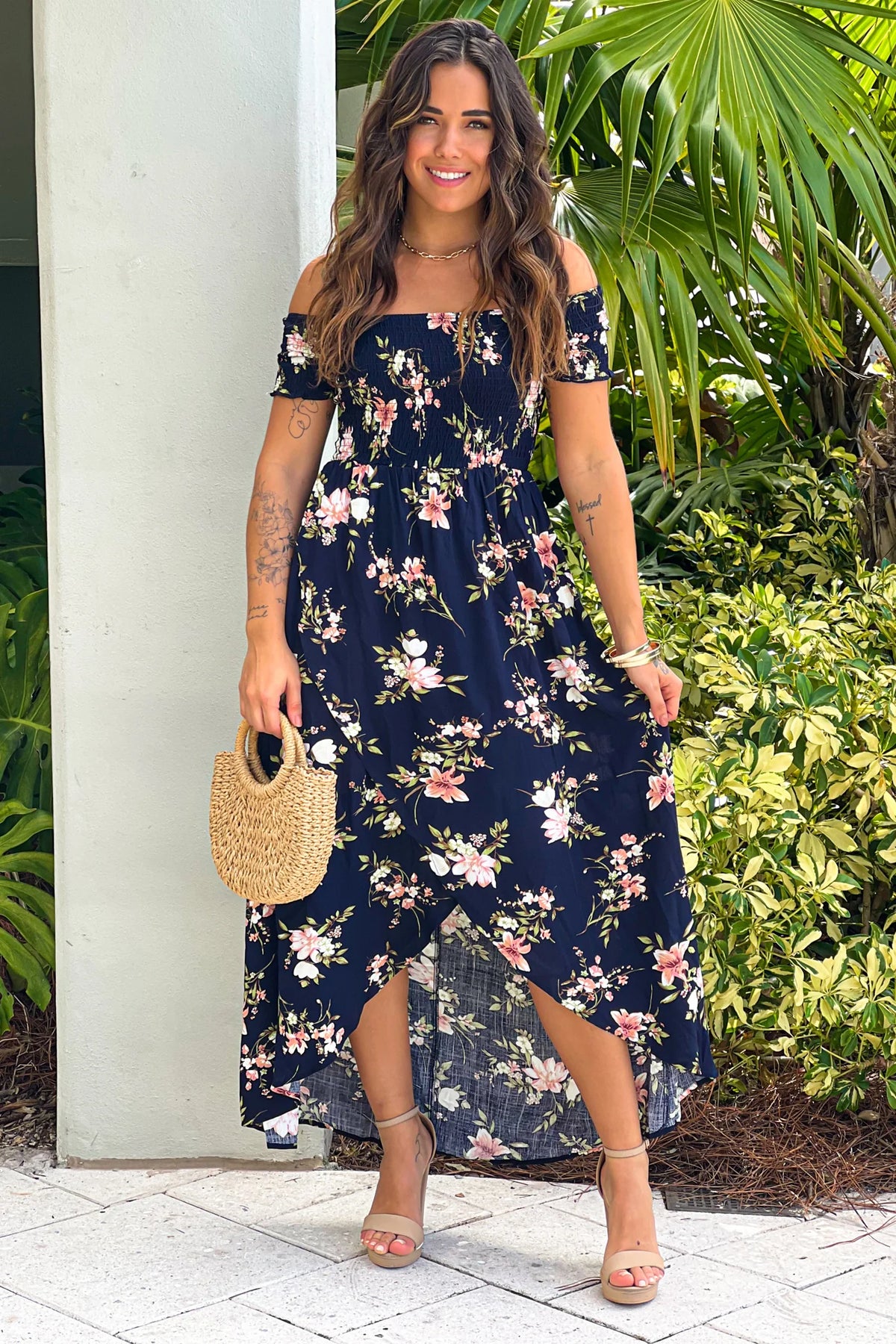 Navy Floral Smocked Top Off Shoulder High Low Dress