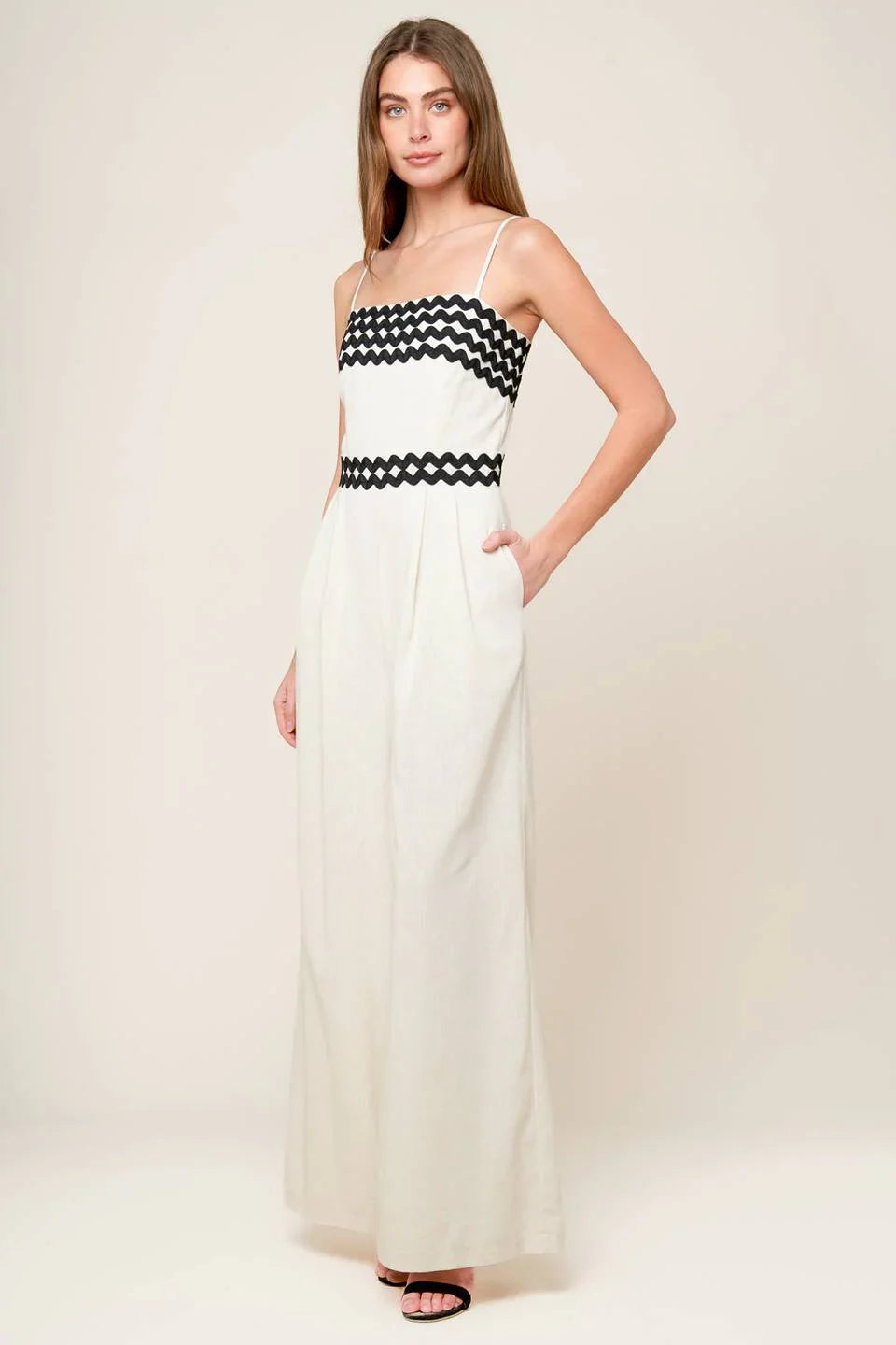 MEET AT THE PIER CREAM RIC RAC TRIM WIDE LEG JUMPSUIT