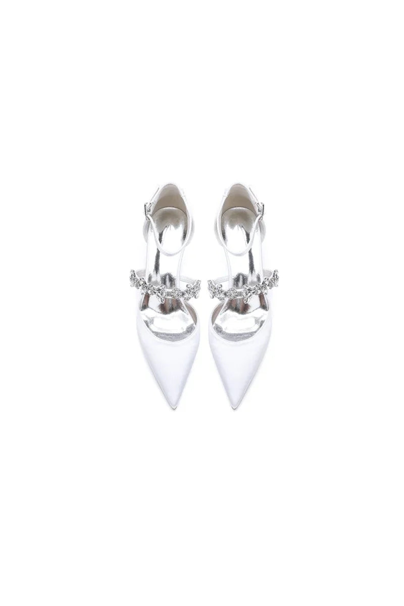 Crystal Strap Pointed Toe Satin Kitten Heels