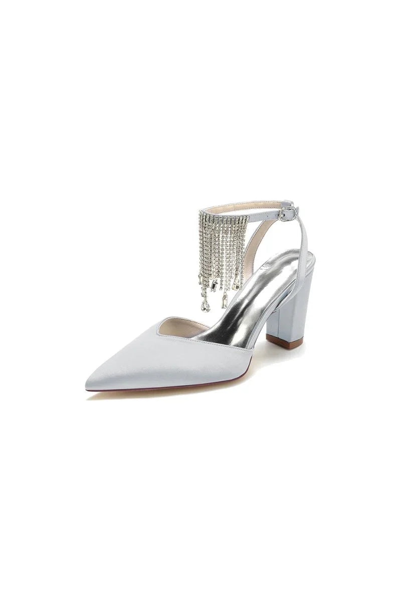 Pointed Toe Beading Tassel Satin Chunky Heels