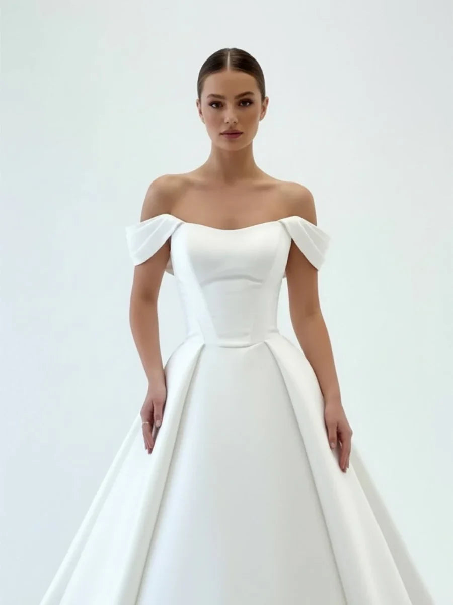 Elegant A Line Off the Shoulder White Satin Wedding Dresses