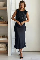 Black Sequined Top Satin Midi Dress