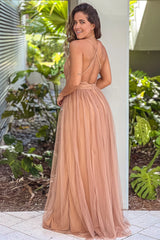 Taupe Mesh V Neck Maxi Dress