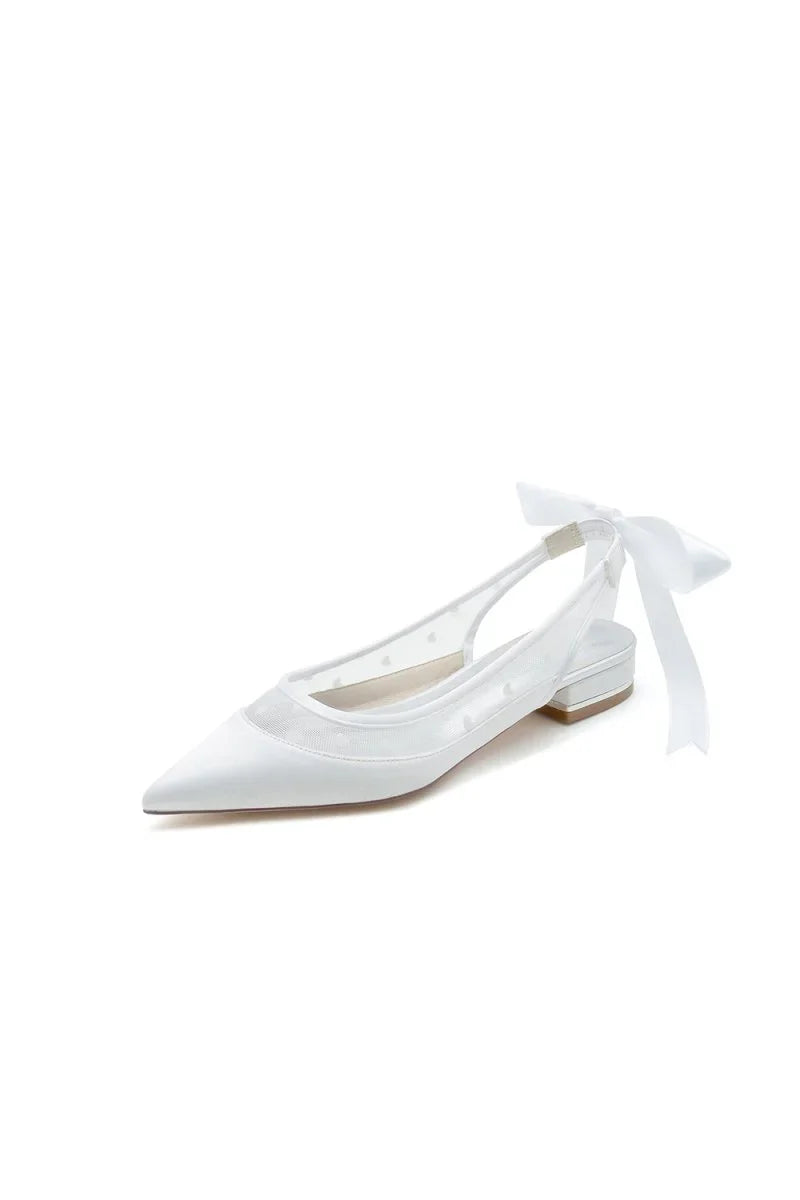 Satin Pointed Toe Mesh Low Heels With Bow