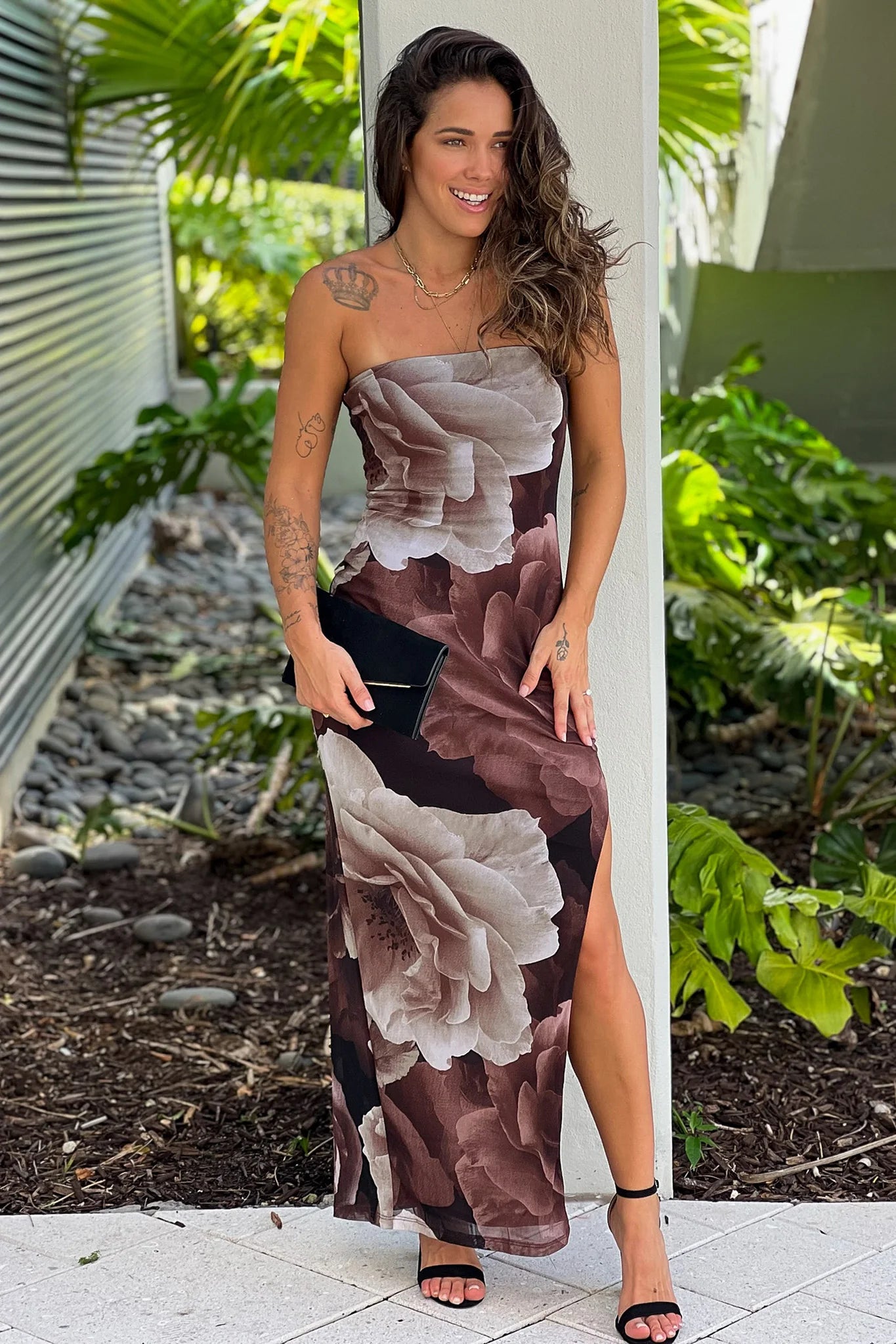 Brown Floral Tube Maxi Dress