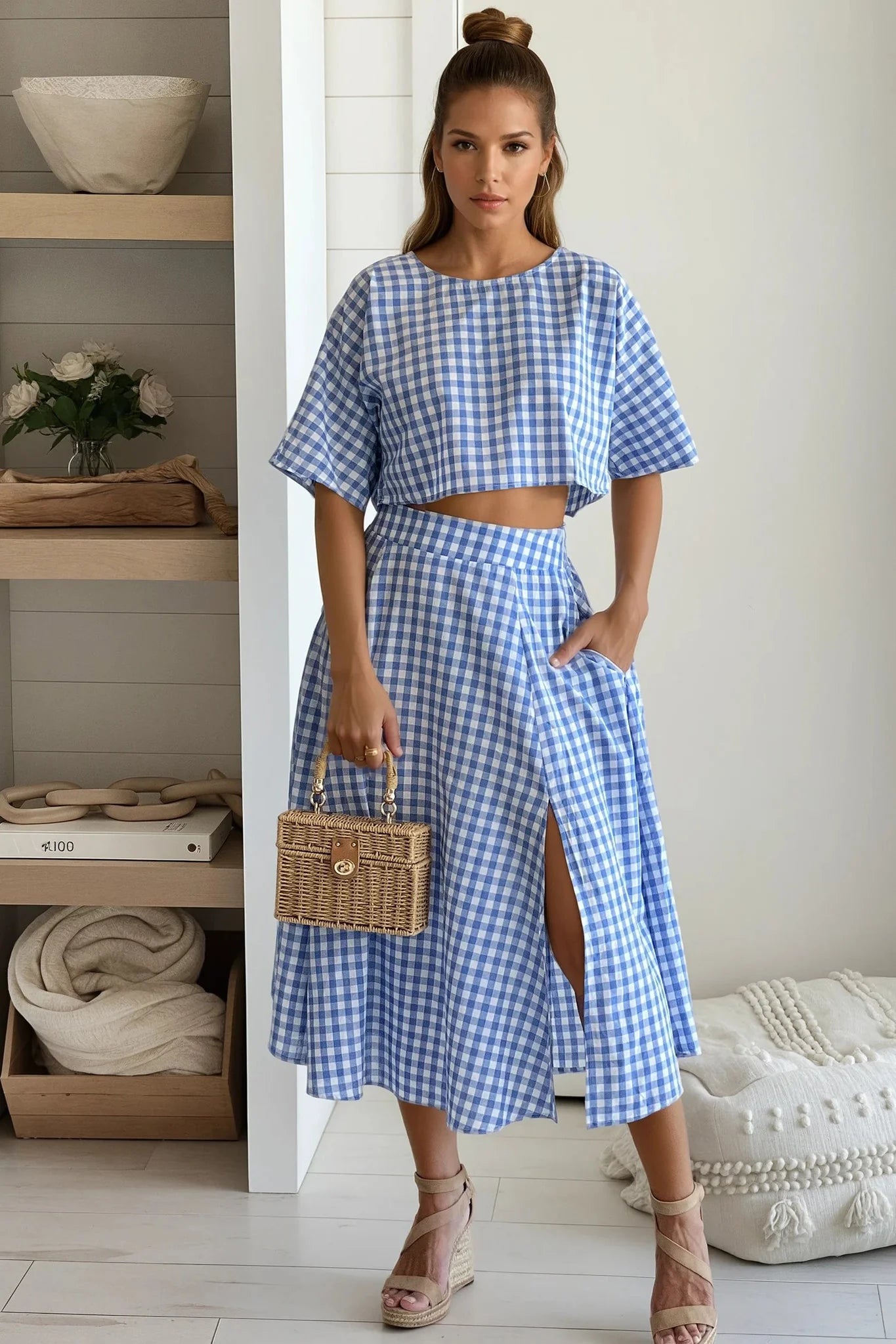 Blue Gingham Top And Skirt Set