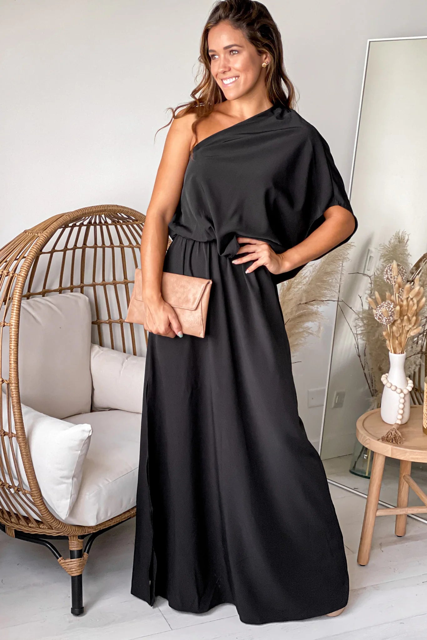 Black One Shoulder 3 4 Sleeves Maxi Dress