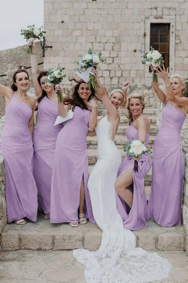 Sheath One Shoulder Light Blue Chiffon Slit Bridesmaid Dress