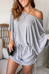 Heather Gray Short Dress with Pull Strings and Dolman Sleeves