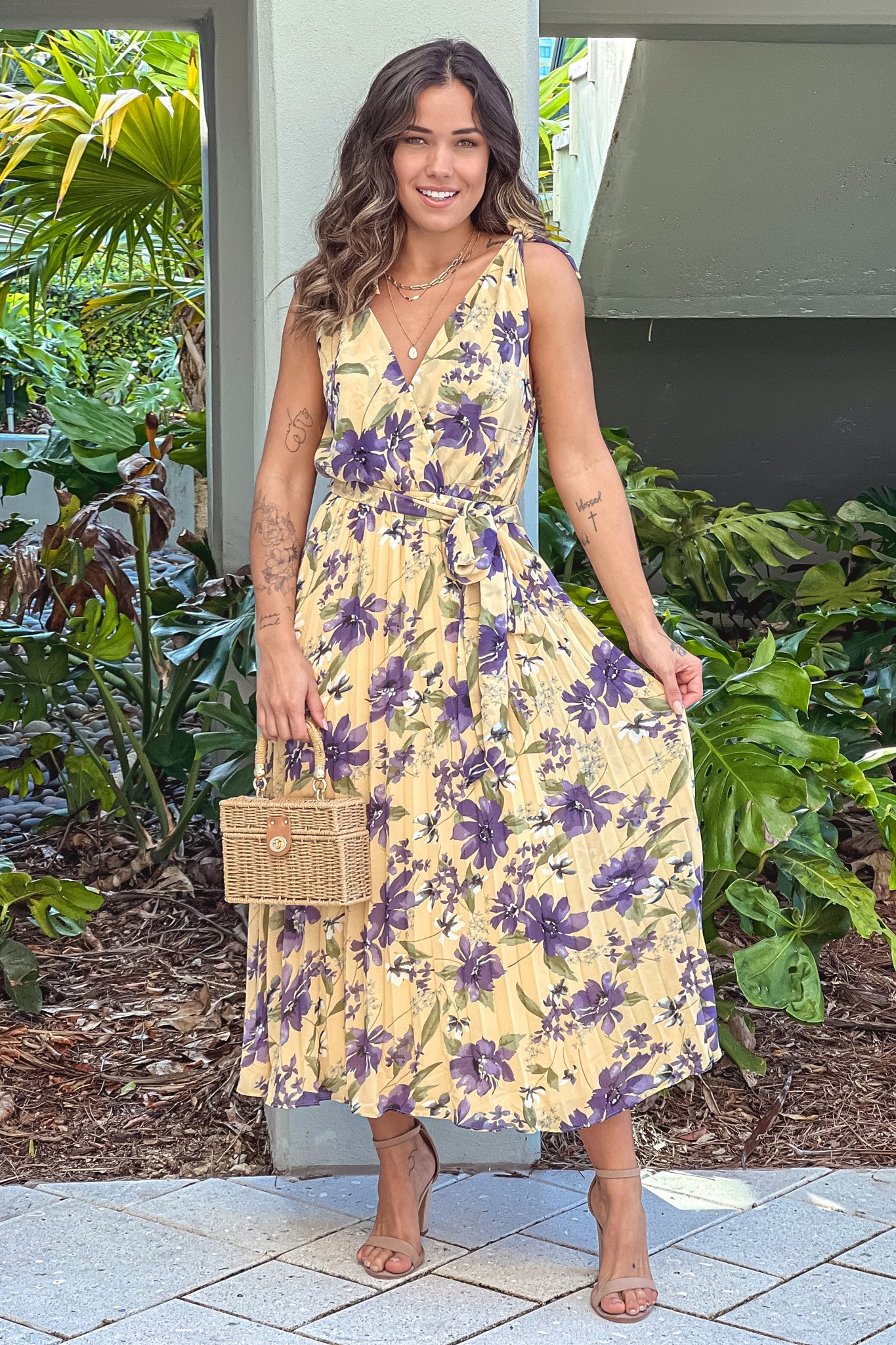 Light Yellow Floral Pleated Midi Dress