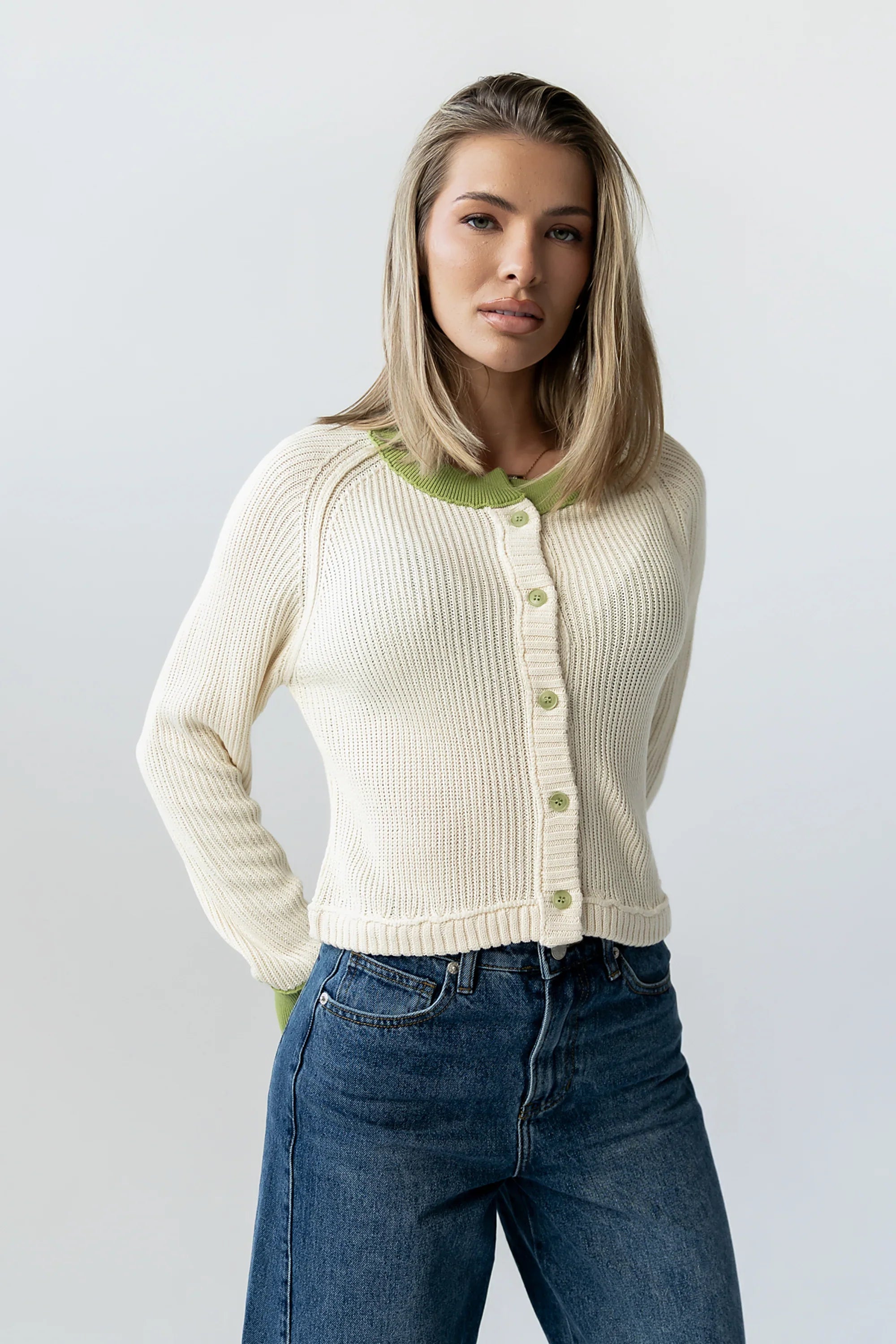 Ella Contrast Cardigan in Green