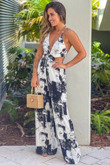 Black Printed Jumpsuit With Criss Cross Back