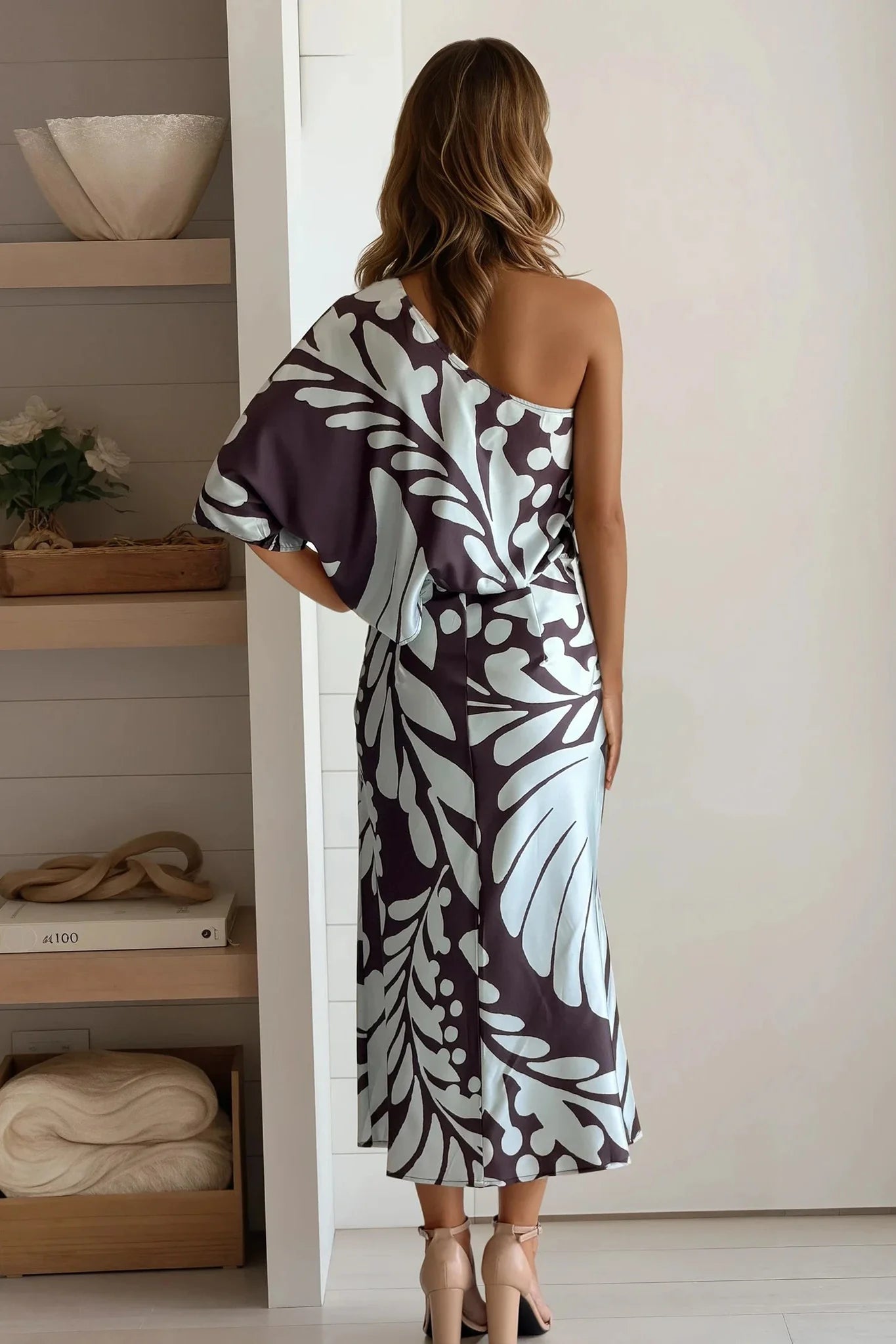 Brown And Blue Printed One Shoulder Satin Dress
