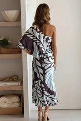 Brown And Blue Printed One Shoulder Satin Dress