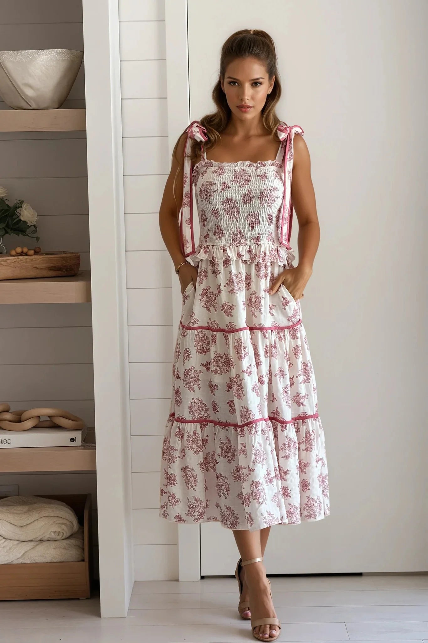 Burgundy Floral Tiered Midi Dress