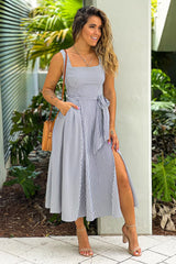 Black Striped Midi Dress With Pockets