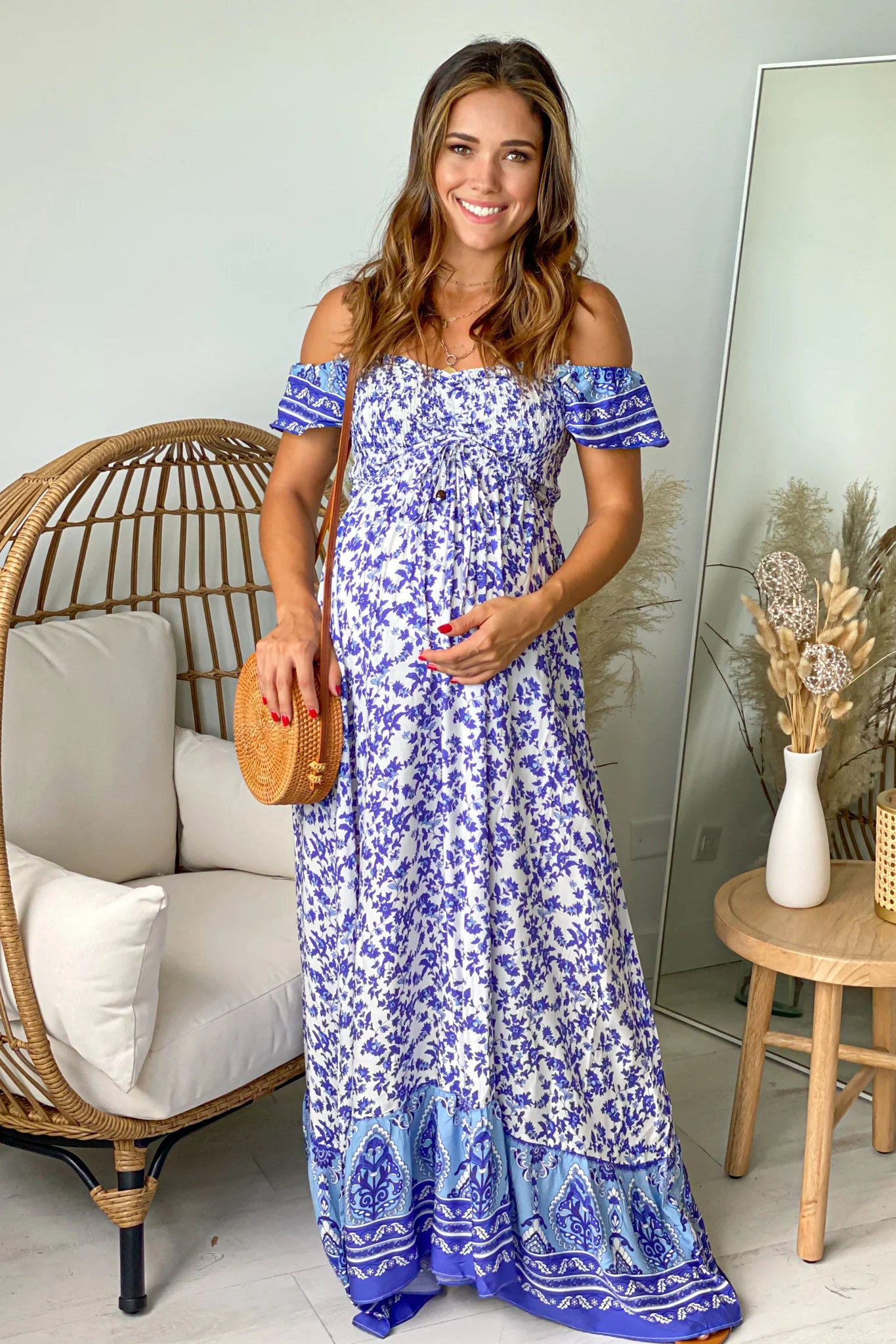 Blue Floral Off Shoulder Maternity Maxi Dress