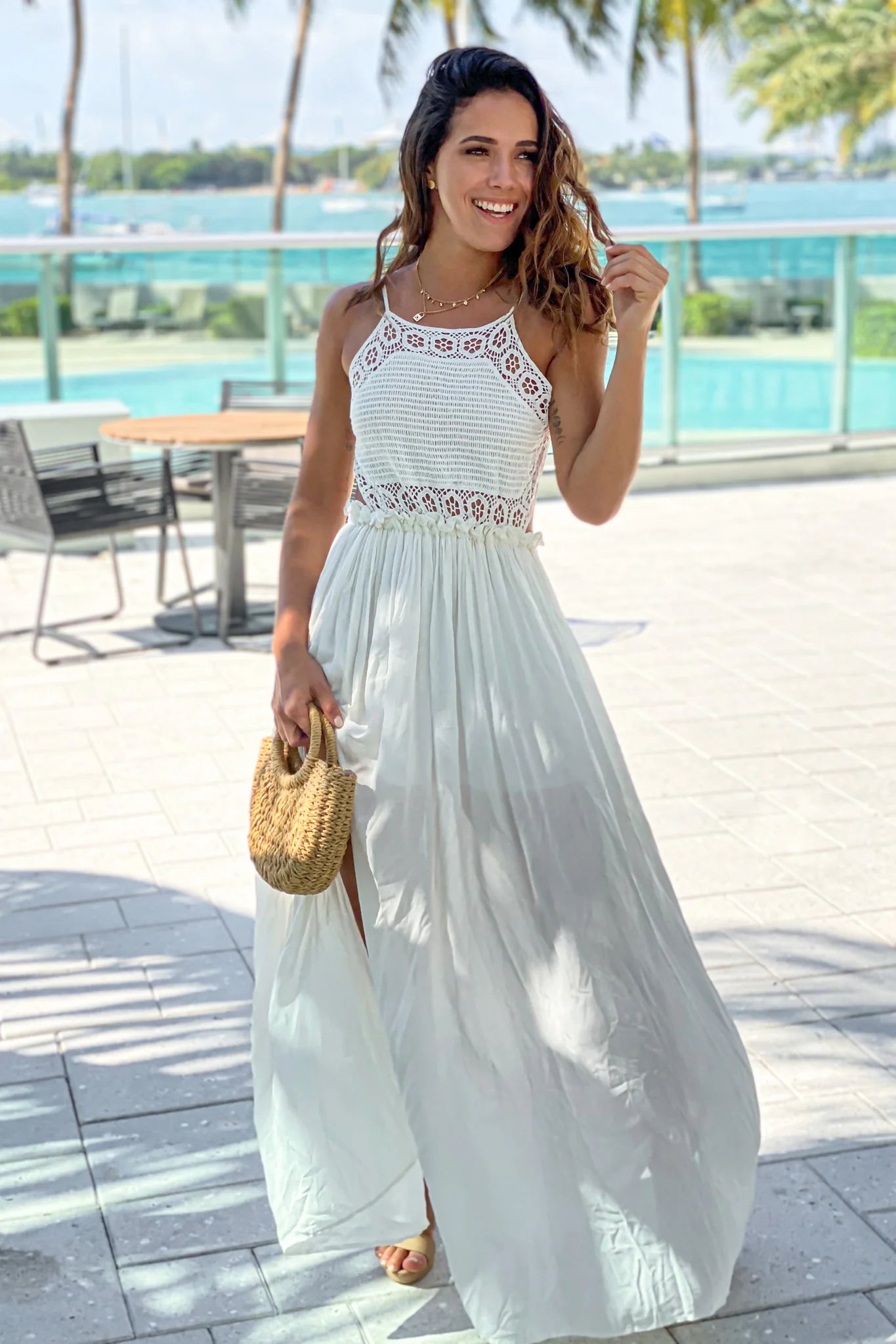 Off White Crochet Top Maxi Dress With Slit