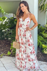 Cream And Peach Floral Maxi Dress With Lace Back