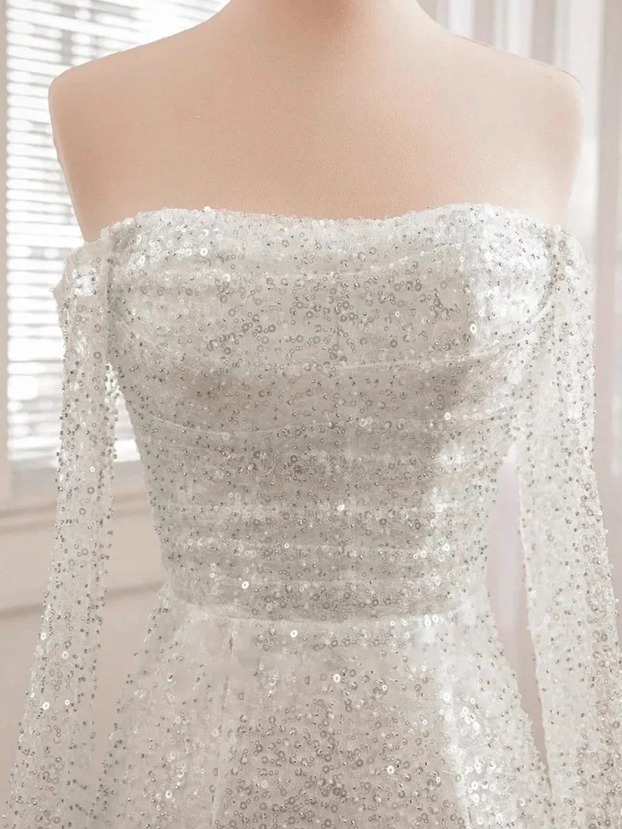 Chic Short Sequined Backless Wedding Dress With Long Detachable Sleeves