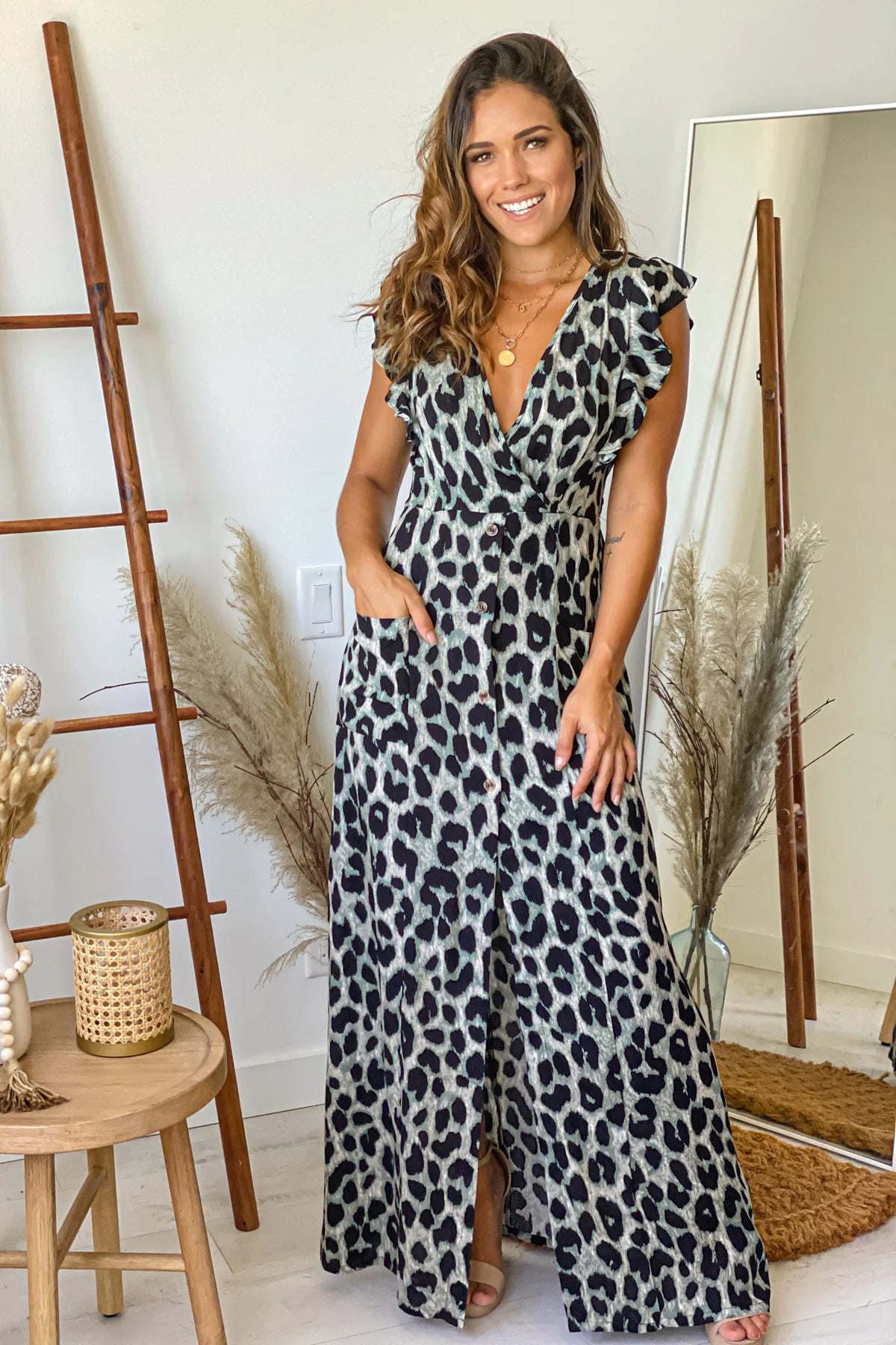 Green Leopard Maxi Dress With Buttons
