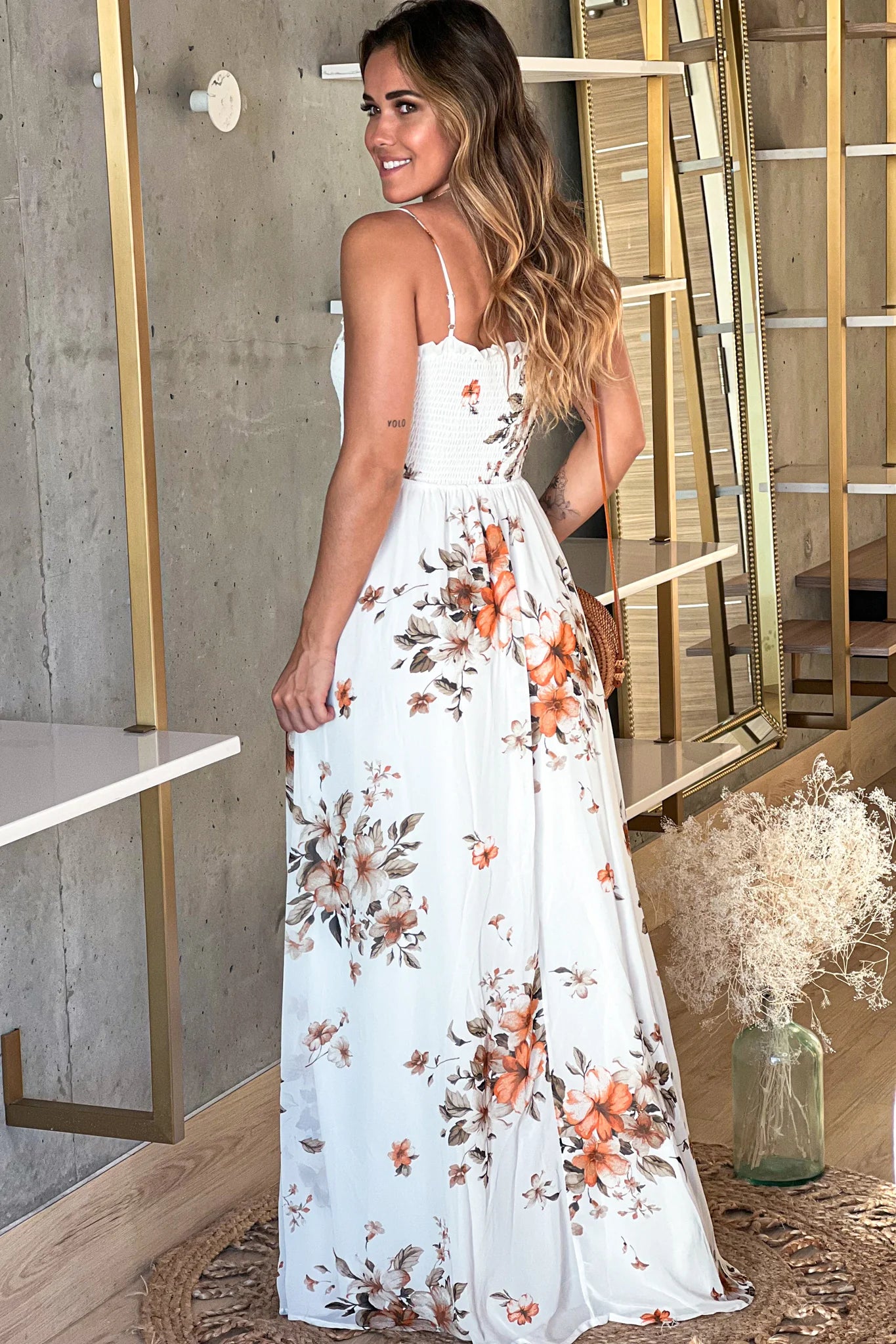 White Floral Smocked Top Maxi Dress With Slit