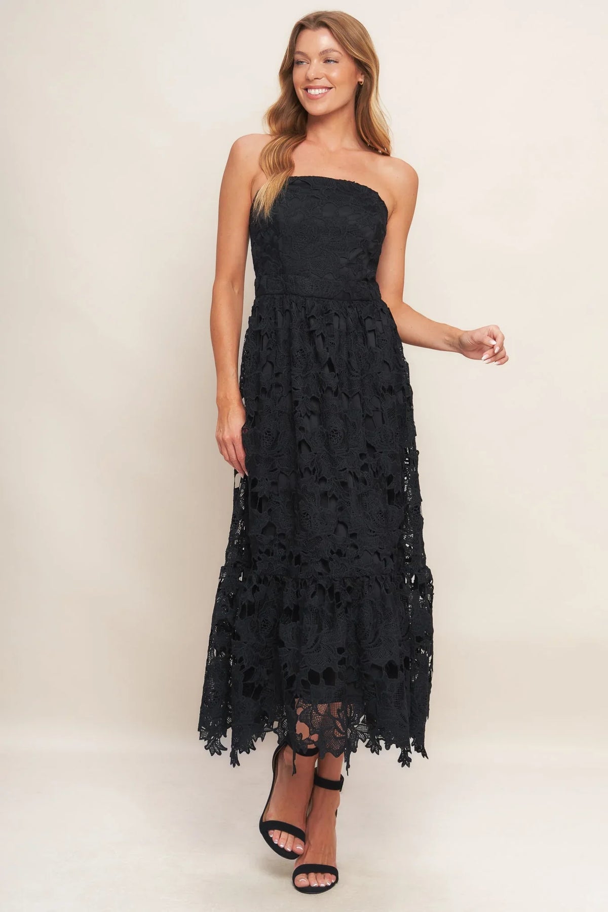 CAREFREE NIGHTS LACE MIDI DRESS BLACK FINAL SALE