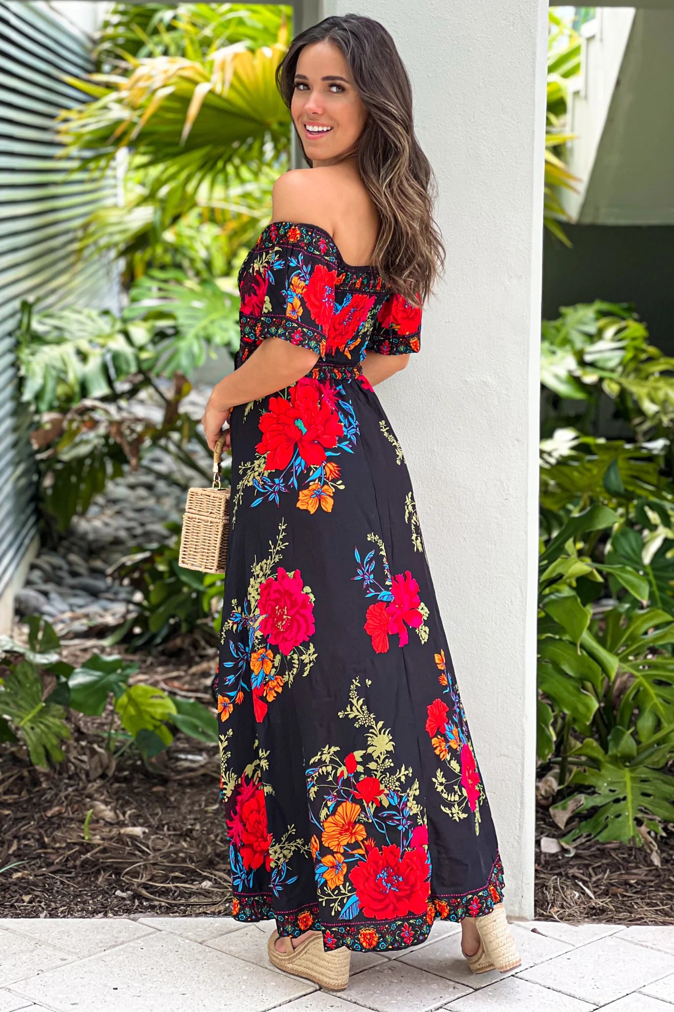 Black Floral Off Shoulder High Low Dress