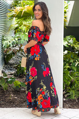 Black Floral Off Shoulder High Low Dress