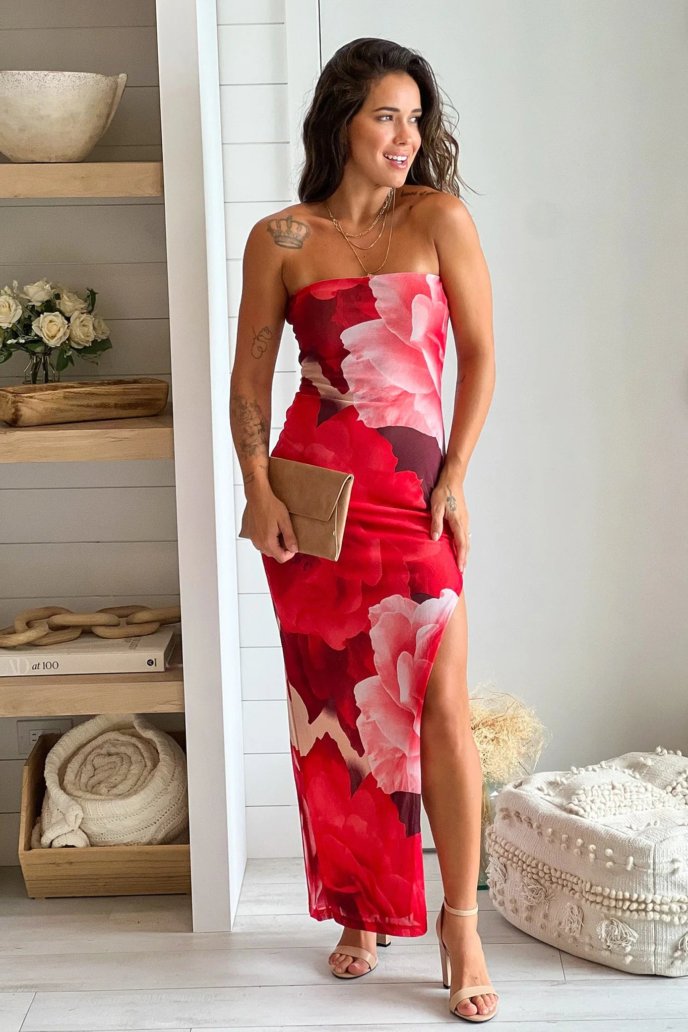 Red Floral Tube Maxi Dress