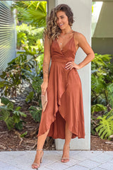 Brown Satin High Low Dress With Criss Cross Back