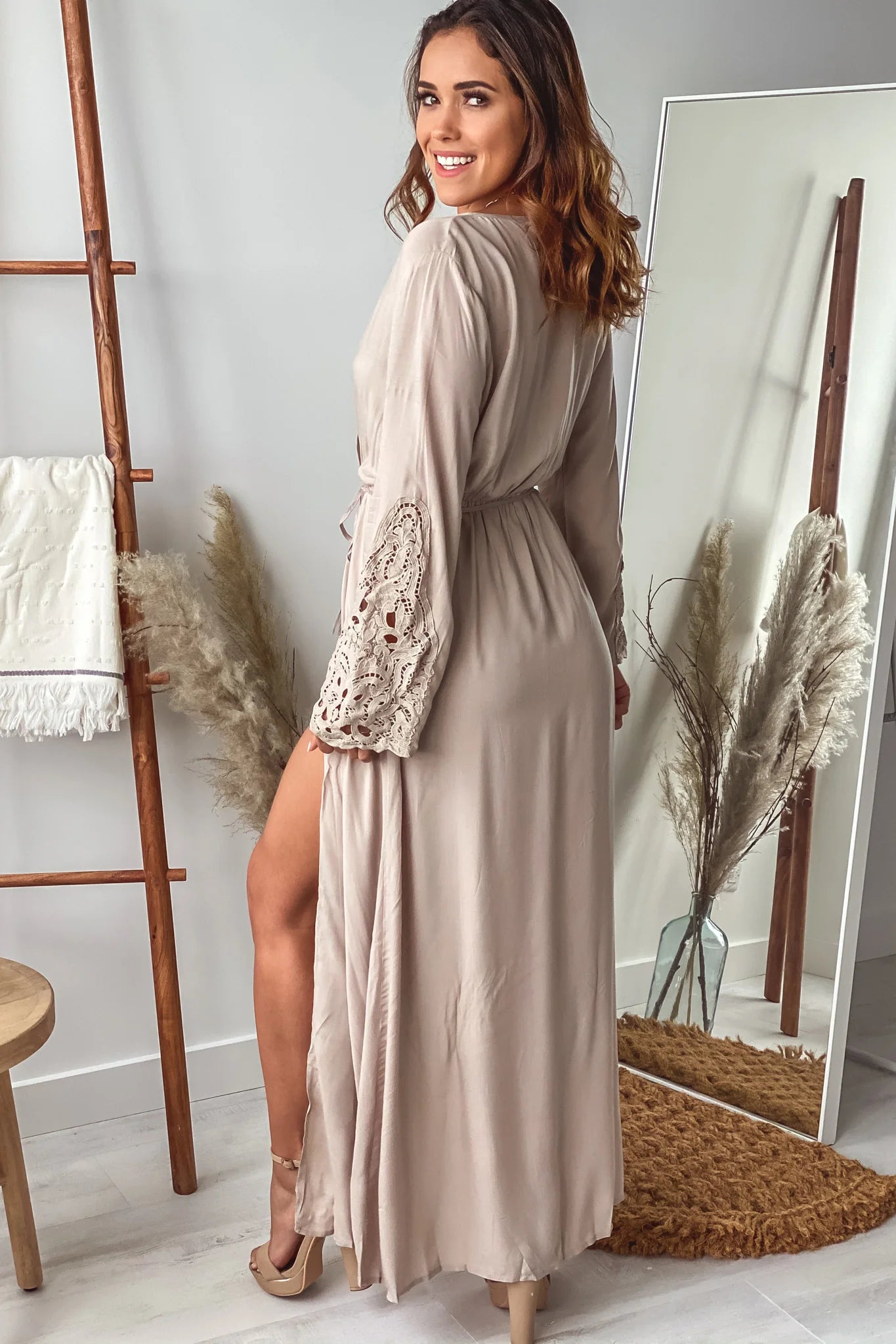 Natural Long Sleeve Maxi Romper with Lace Detail
