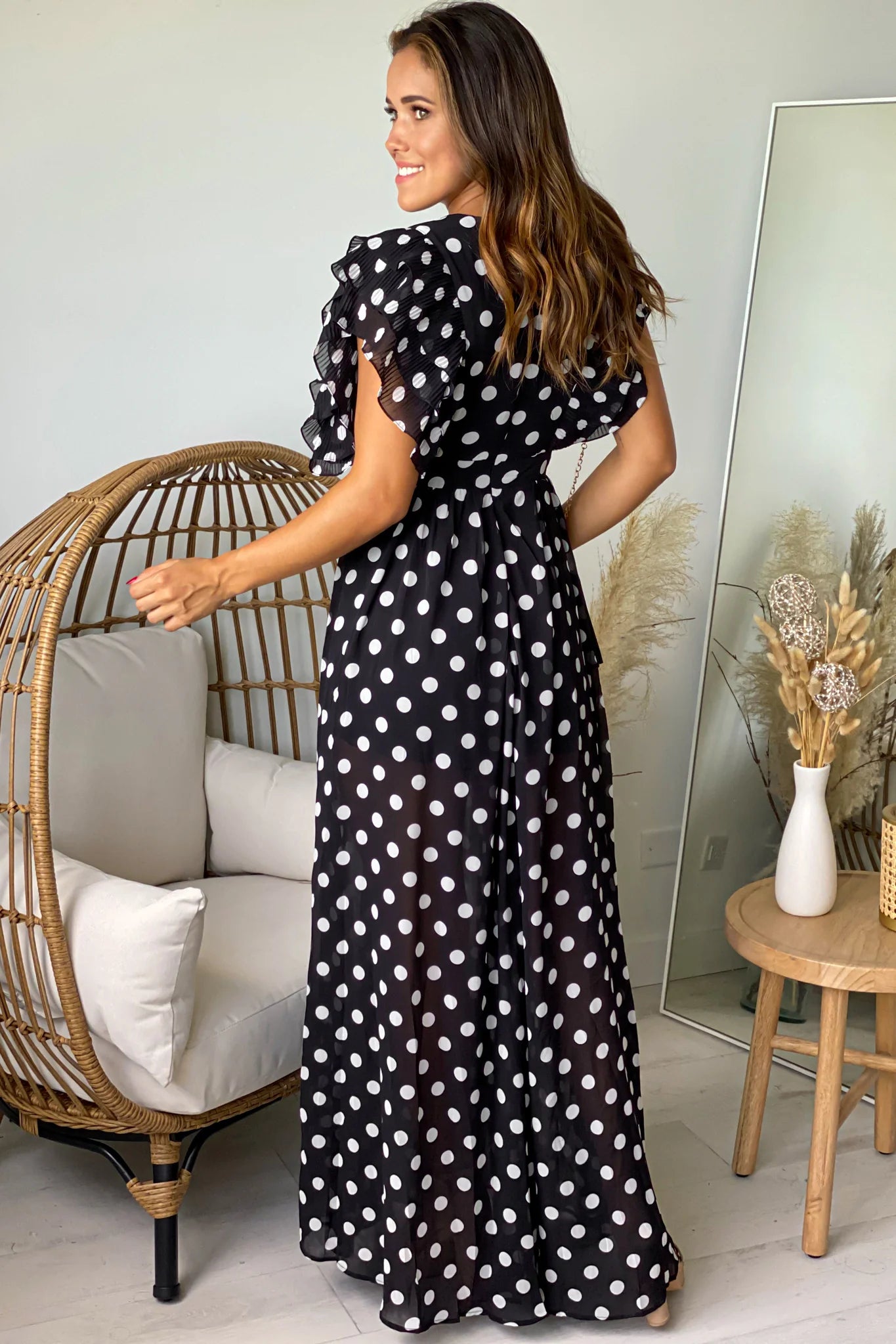Black And White Polka Dot Maxi Dress With Slit