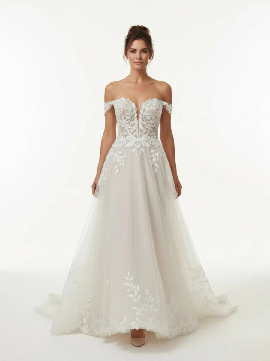 A line Lace Beach Wedding Dress with Off Shoulder Tulle Appliques