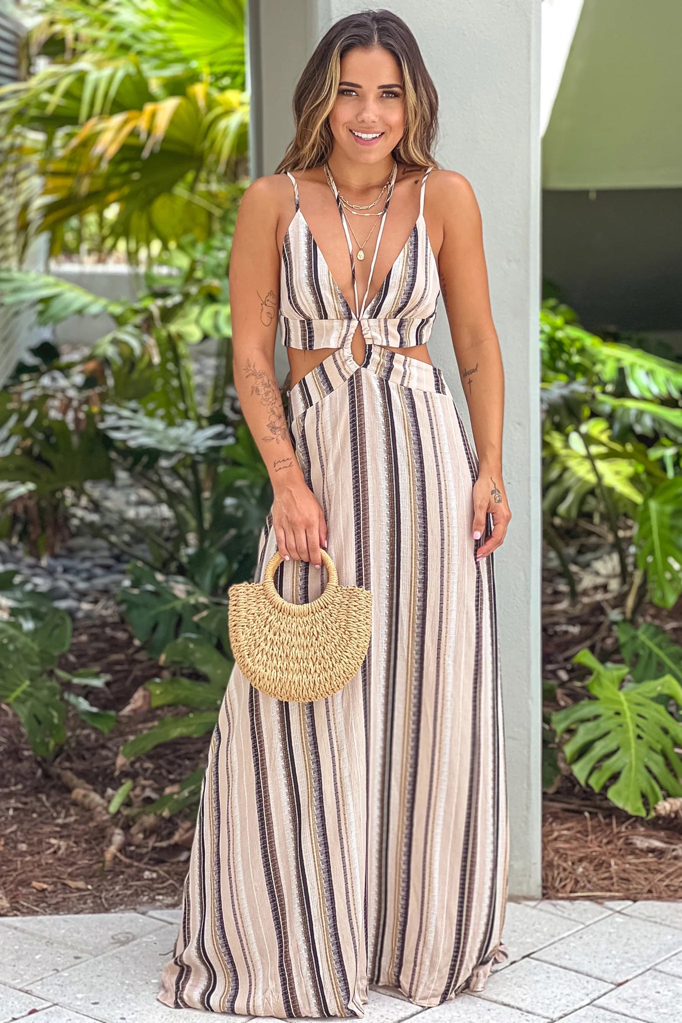 Taupe Striped Maxi Dress With Cut Outs
