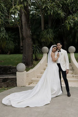 Elegant A Line Strapless Satin Wedding Dress with Slit