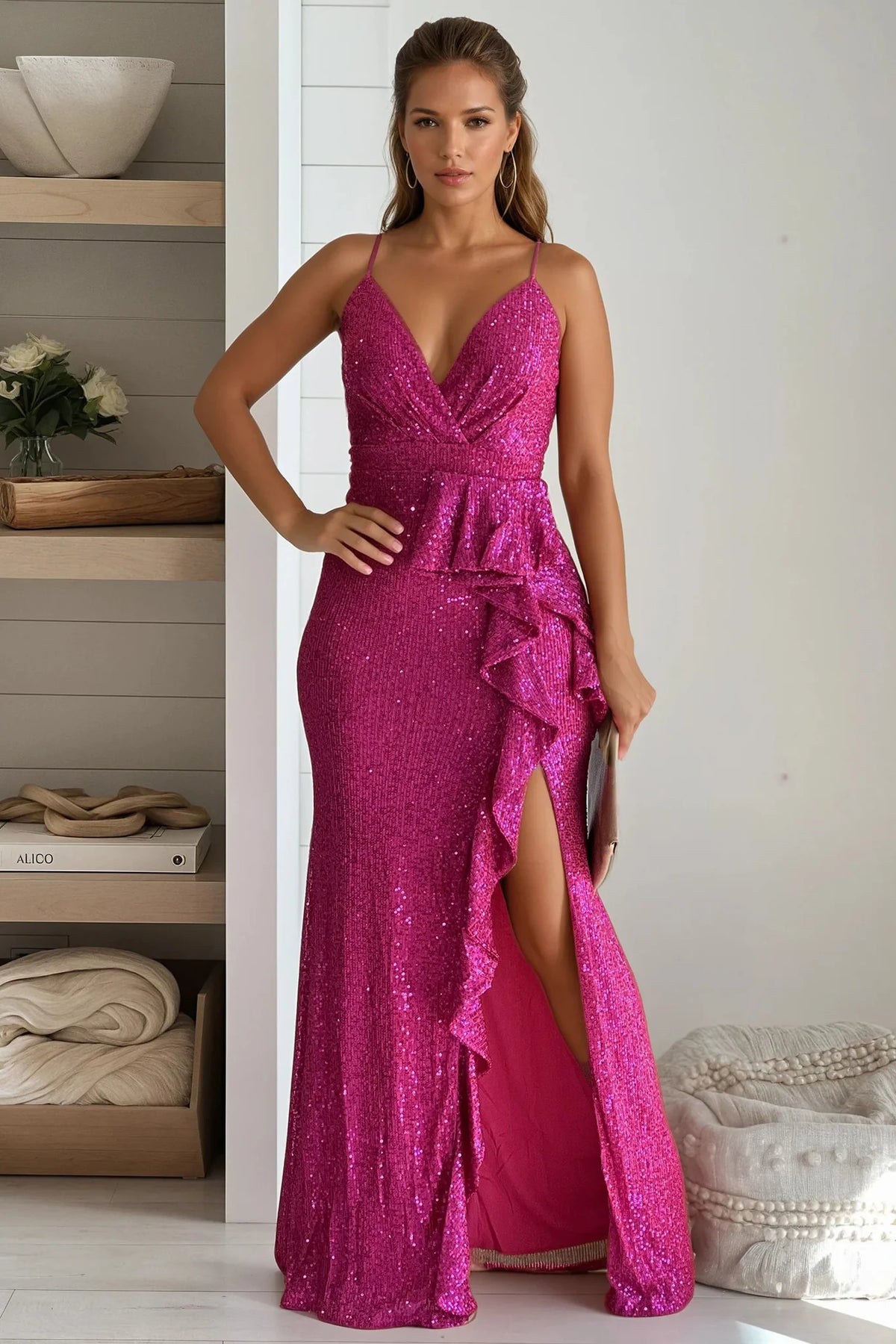 Hot Pink Sequin Ruffle Maxi Dress