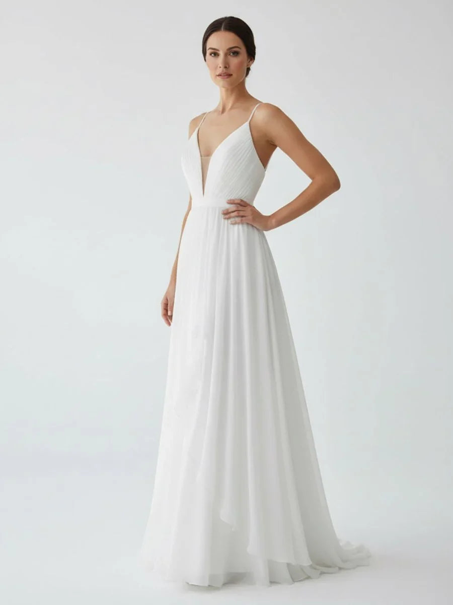 A Line V Neck Straps Spaghetti Sheath Chiffon Wedding Dress