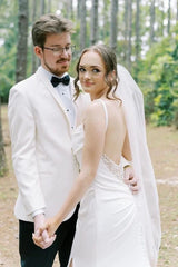 Charming Mermaid Cowl Neck Satin Wedding Dress with Slit