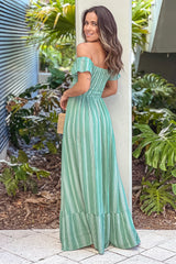 Green Striped Off Shoulder Maxi Dress