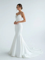 Mermaid White Spaghetti Straps Long Lace Wedding Dress