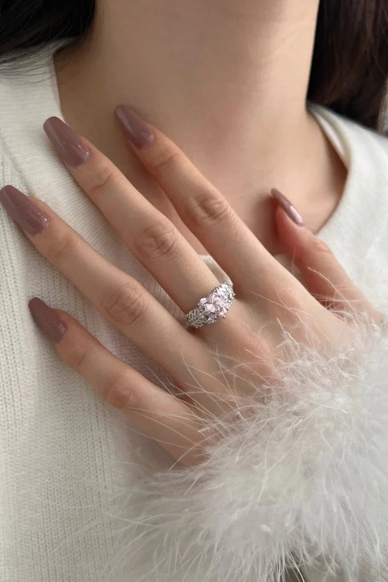 Sterling Silver Pink Heart Zircon Luxury Half Setting Ring