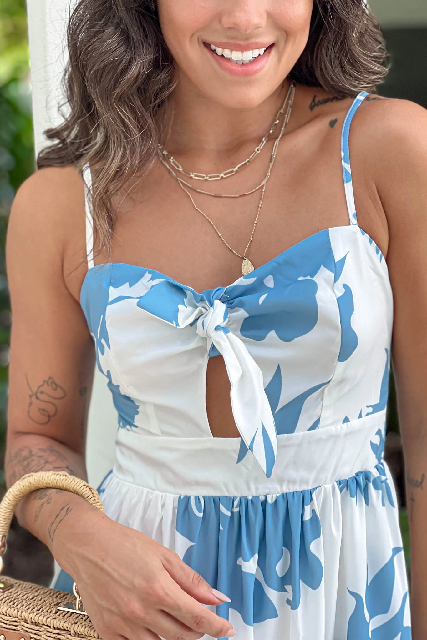 Blue Printed Maxi Dress With Front Knot