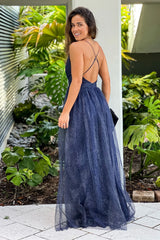 Navy Mesh Glitter Maxi Dress With Slits