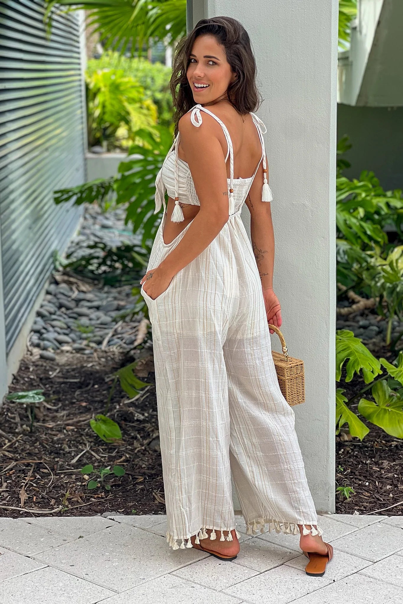Oatmeal Plaid Tied Bandeau And Tassel Trim Overalls Set
